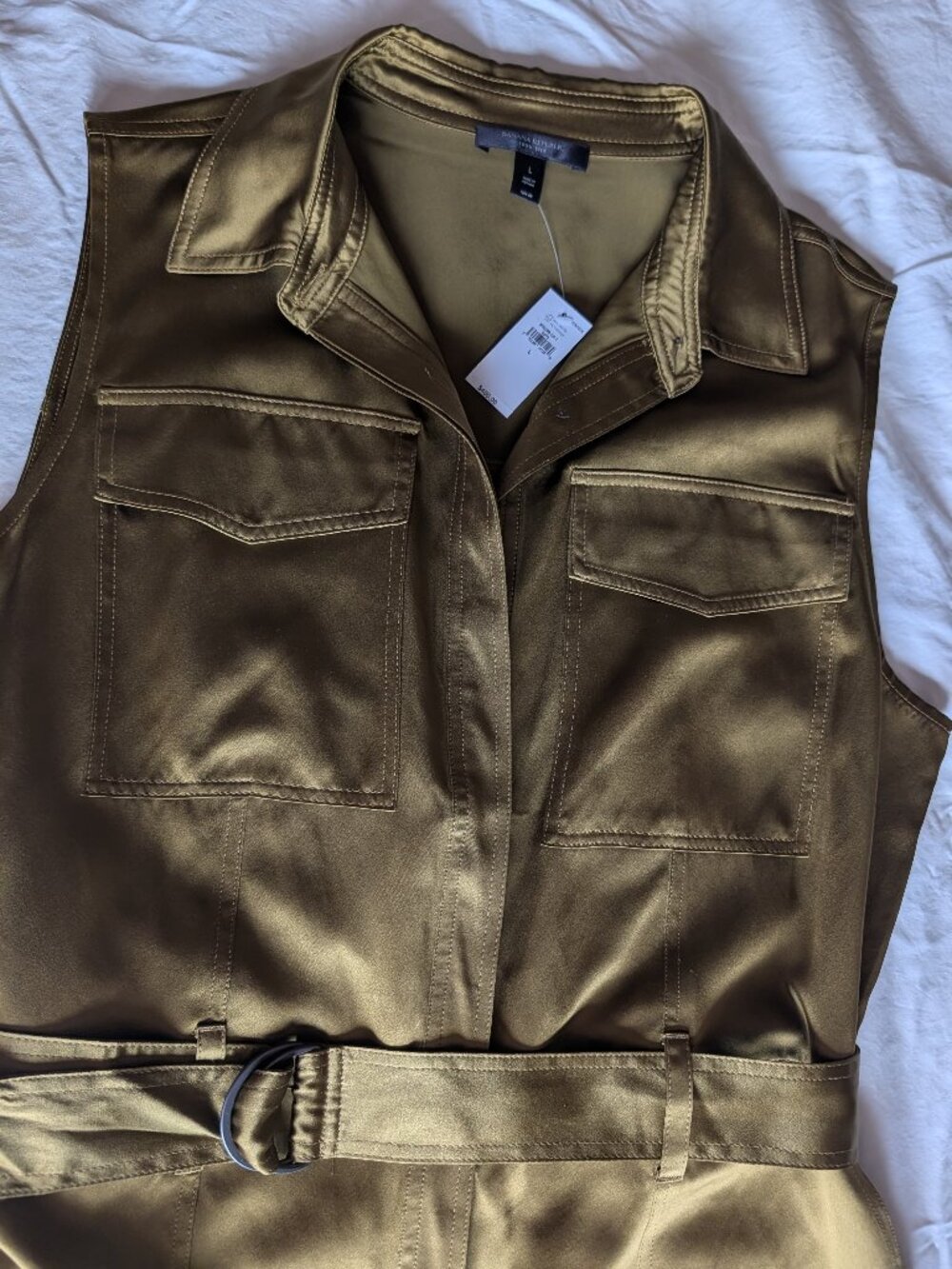 BANANA REPUBLIC NWT 100% Silk Olive Green Belted Utility Romper Size L